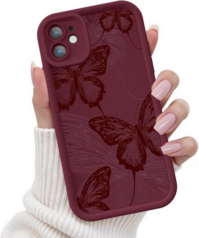 Detalle de FUXICASE for iPhone 12 Case with Butterfly Design (Burgundy Red) – Soft Silicone, Shockproof Protection
