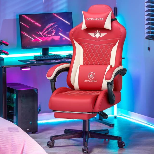 Detalle 2 de GTPLAYER Chaise de gaming ergonomique en cuir synthétique rouge, support lombaire et dossier jusqu’à 150°