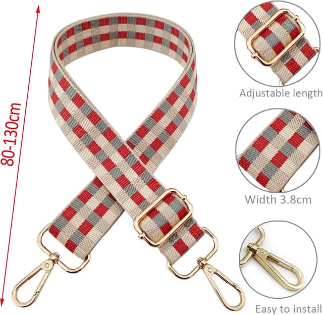 Detalle 2 de Verstellbarer Schultergurt für Taschen (3,8 cm breit) – Beige/Grau/Rot, 80–130 cm, mit goldfarbenem Karabiner