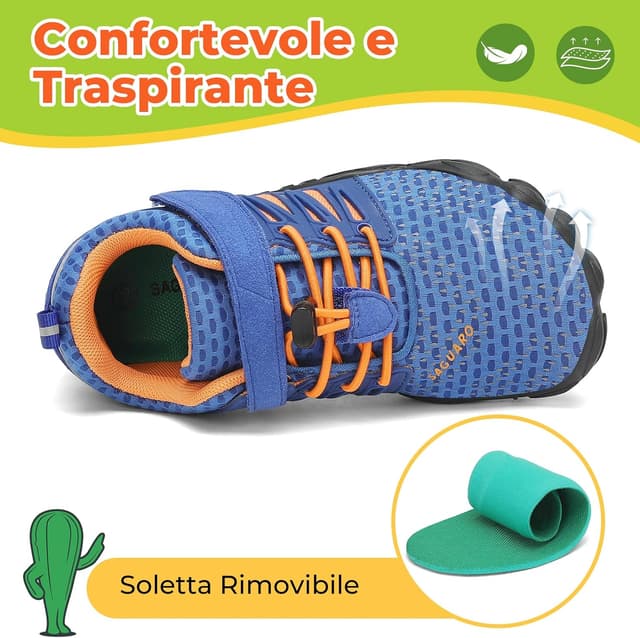 Detalle de SAGUARO Barefoot Shoes bambini traspiranti con punta a cinque dita, suola antiscivolo e plantilla estraibile (Gr. 24–36)