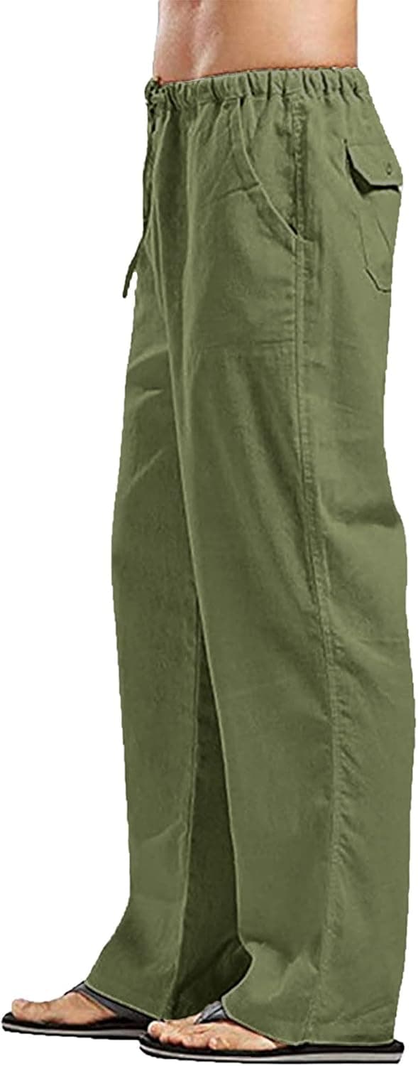 Detalle de YAOHUOLE men’s linen trousers with elasticated waist and drawstring