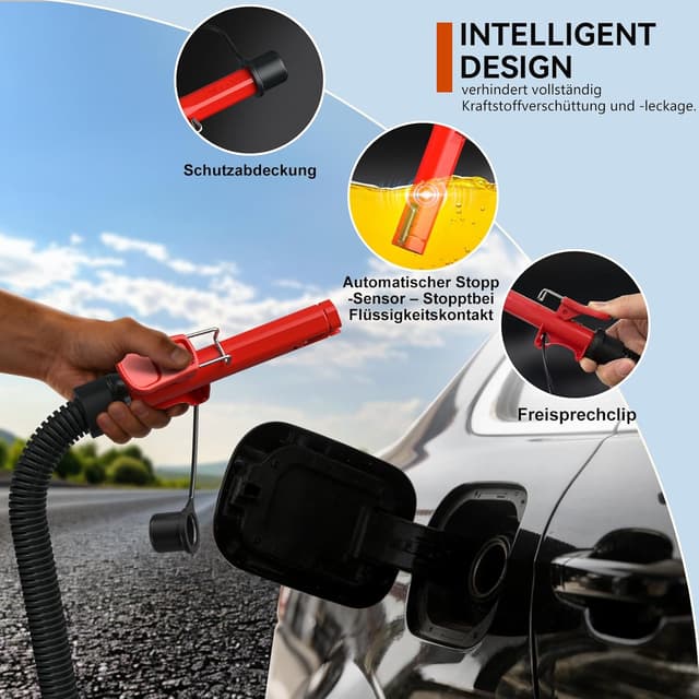 Detalle 2 de Kraftstoffpumpe mit Auto-Stopp-Sensor – tragbare 4,0 GPM Benzinpumpe für Kanister (mit 4 Adaptergrößen, rot)