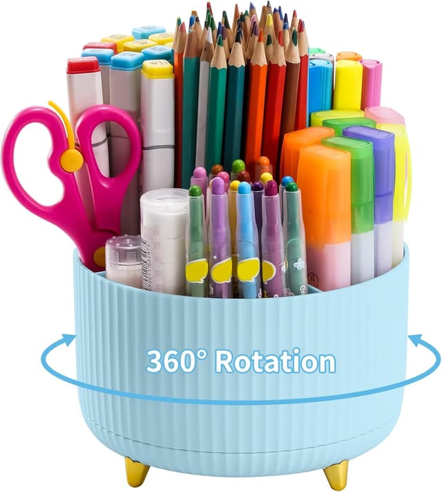Detalle de Marbrasse Desk Organiser 360° Rotating Pen Holder with 5 Compartments (Blue)