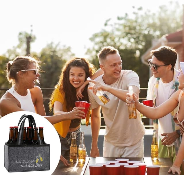 Detalle 2 de Anicy Männerhandtasche Bier – Flaschenträger für 6 Flaschen mit lustigem „Der Schöne und das Bier“-Motiv