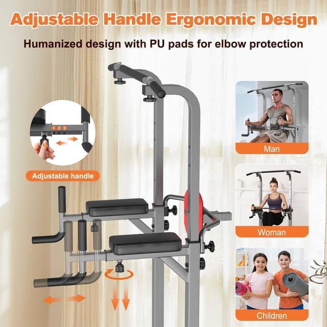 Detalle de RELIFE REBUILD YOUR LIFE Power Tower Klimmzüge & Dips – höhenverstellbare Multifunktions-Kraftstation (Grau) bis 180 kg