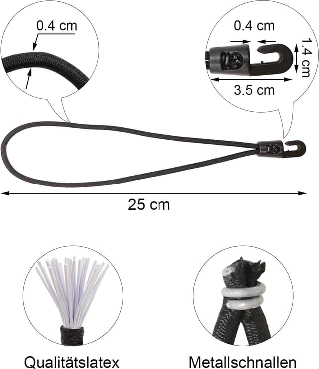 Detalle de BINCKIN Spanngummi mit Haken, 25 cm (100er Set) – Kurz-Planenspanner für Planen, Netze & Camping
