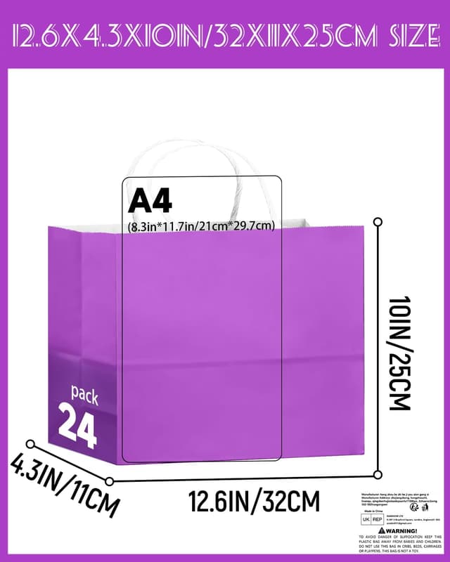 Detalle de Gcardist 24 Large Gift Paper Bags with Handles (Violet, bulk)