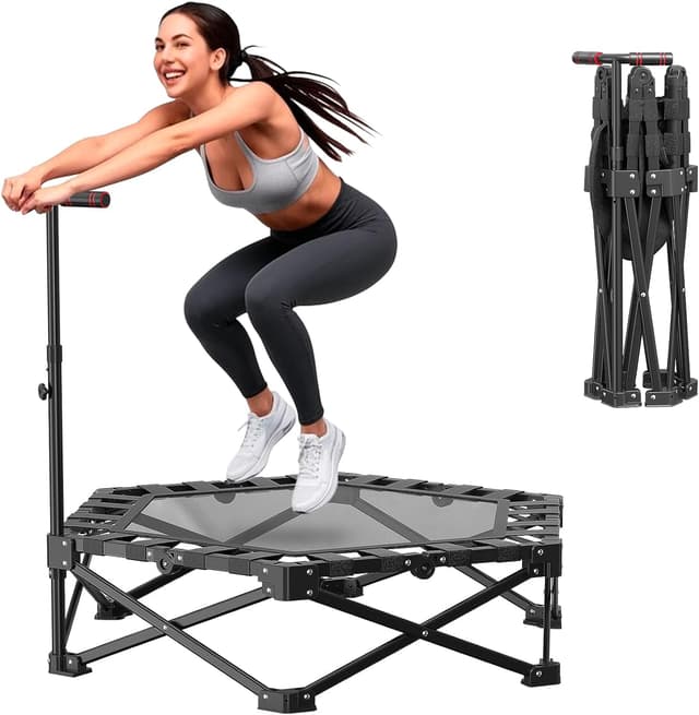 Detalle de Foldable Trampoline for Adults 42" Rebounder with Adjustable Foam Handle – Indoor/Outdoor Fitness