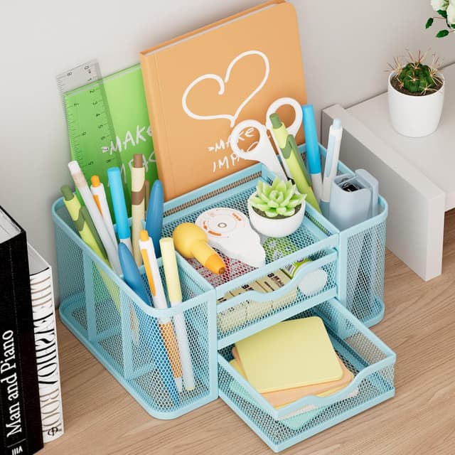 Detalle de Marbrasse Organizer Scrivania in rete con portapenne e 3 scomparti (blu)