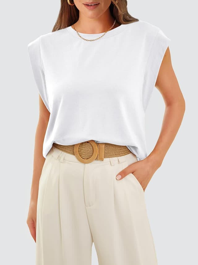 Detalle de WIHOLL Women’s Cap Sleeve Loose-Fit Basic T-Shirts (Sleeveless Tank-Style)