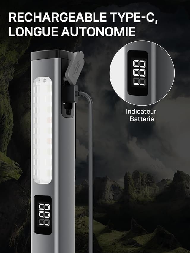 Detalle 1 de Smiling Shark GZ-5112 : lampe de travail LED compacte rechargeable, 6 modes (spot, projecteur, stroboscope) avec clip et aimants