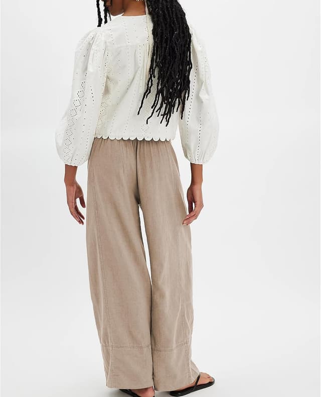 Detalle de SeeLuNa Linen Pants for Women — Cotton Baggy Boho Palazzo Pants with Pockets