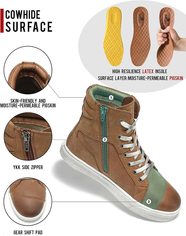 Detalle de Scarpe da moto retrò in pelle da uomo con cerniera laterale, suola antiscivolo marrone (40–46)