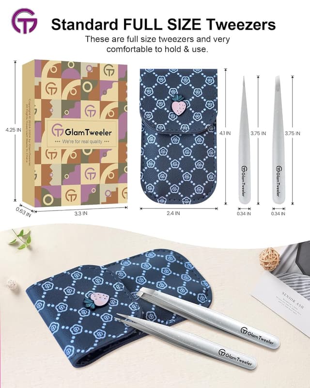 Detalle de GlamTweeler Expert Slant and Point Tip Tweezer Set (Sparkle Silver) with Storage Case