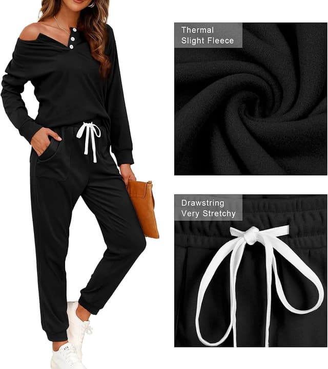 Detalle 2 de WIHOLL Two-Piece Lounge Set for Women: Button-Down Henley Sweatshirt & Drawstring Sweatpants
