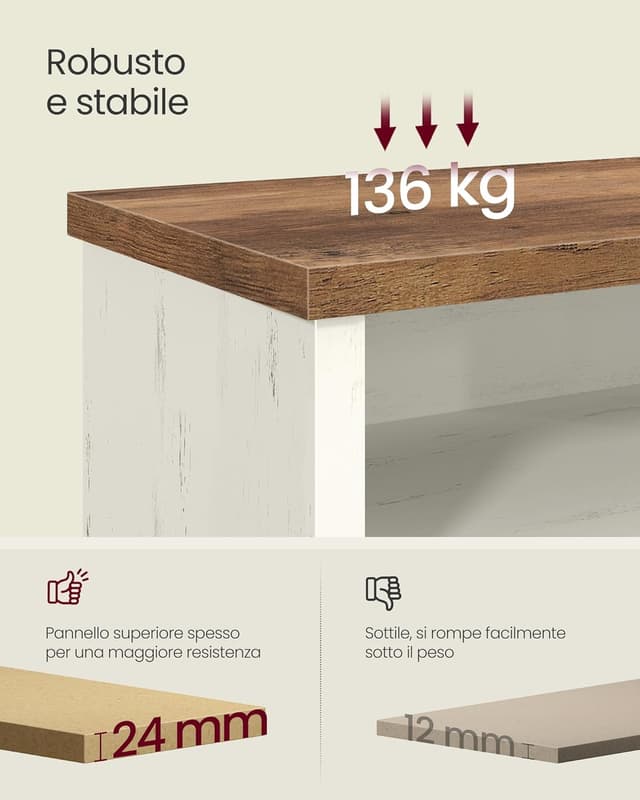 Detalle 1 de VASAGLE Panca scarpiera LSB036W02 con 6 scomparti e 6 ripiani regolabili, 100 cm, bianco vintage e marrone miele