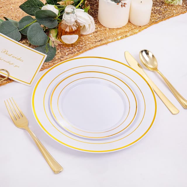 Detalle de I00000 200-Piece Gold Plastic Party Plates Set (100 Dinner + 100 Dessert) — BPA-Free Disposable Plates