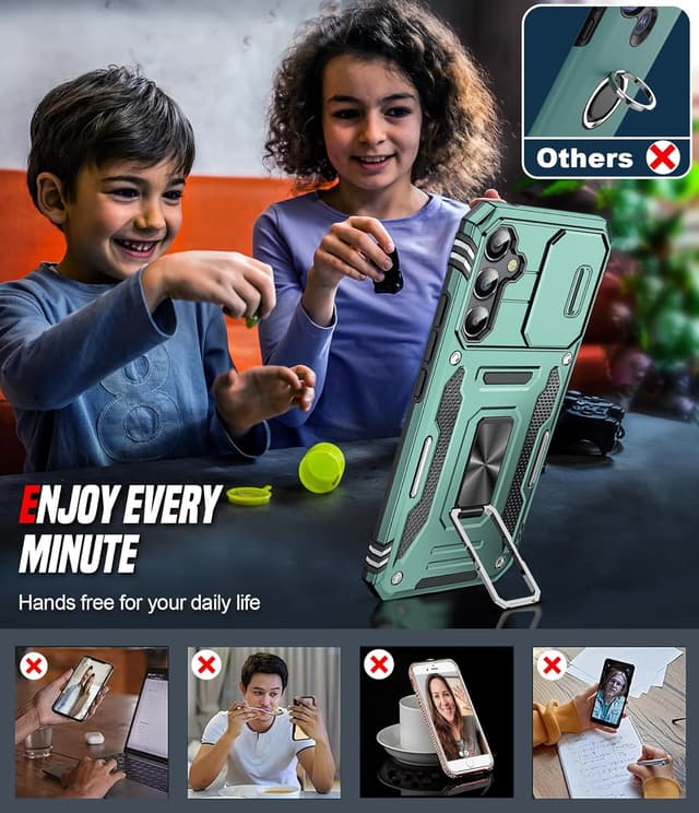 Detalle 2 de LeYi Samsung Galaxy A34 5G Case with rotating kickstand, sliding camera cover and screen protectors (Light Green)