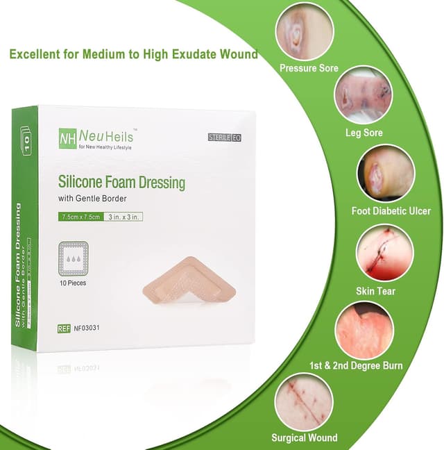 Detalle de NeuHeils Silicone Adhesive Foam Dressing 3''x3'' (10 Packs) for Bed Sore & Diabetic Ulcer Wounds