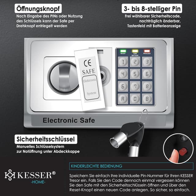 Detalle de KESSER® Elektr. Tresor 50×35×34,5 cm mit LED-Anzeige und Doppelbolzen-Zahlenschloss (Wandtresor)
