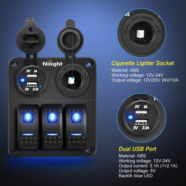 Detalle de Nilight 90115C 3-Gang Waterproof Rocker Switch Panel with Dual USB Charger Socket & 12V Cigarette Lighter