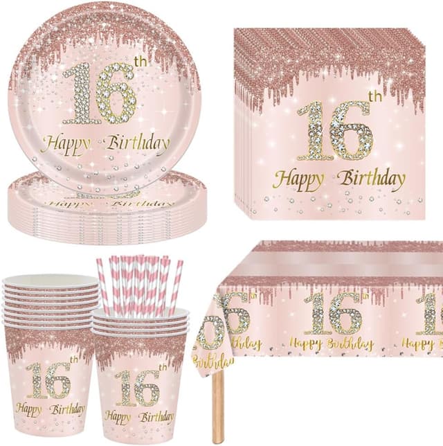 Detalle de YRsorn 16. Geburtstag Mädchen Partygeschirr „Sweet 16“ für 16 Gäste