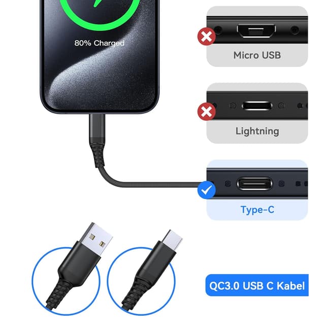 Detalle de Ankoda USB-C Kabel 3er-Set (1,8 m) mit QC 3.0 Schnellladung – USB-A auf USB-C