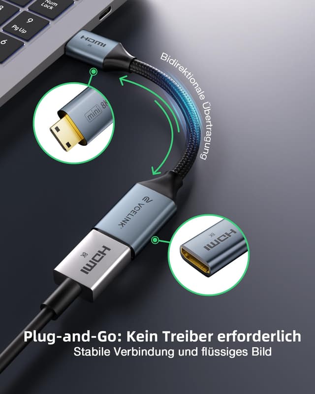 Detalle 2 de VCELINK 8K Mini-HDMI auf HDMI 2.1 Adapter (2.1) – 8K@60 Hz / 4K@120 Hz, vergoldeter Mini-HDMI-Stecker, 18 cm Kabel