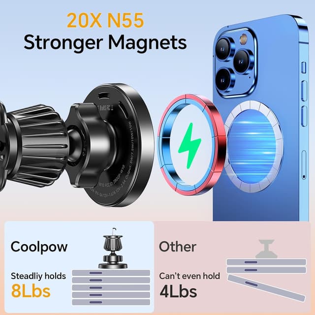 Detalle de Coolpow MagSafe Car Mount Charger (15W) with Super Magnet for Dash Vent