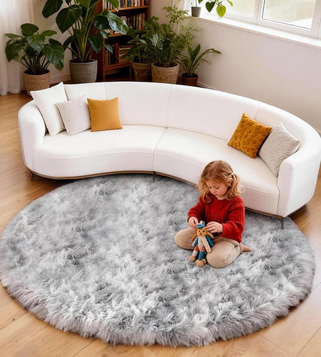 Detalle de VOFUSHON runder Hochflor-Teppich 100 cm hellgrau – waschbar, rutschhemmend für Kinderzimmer