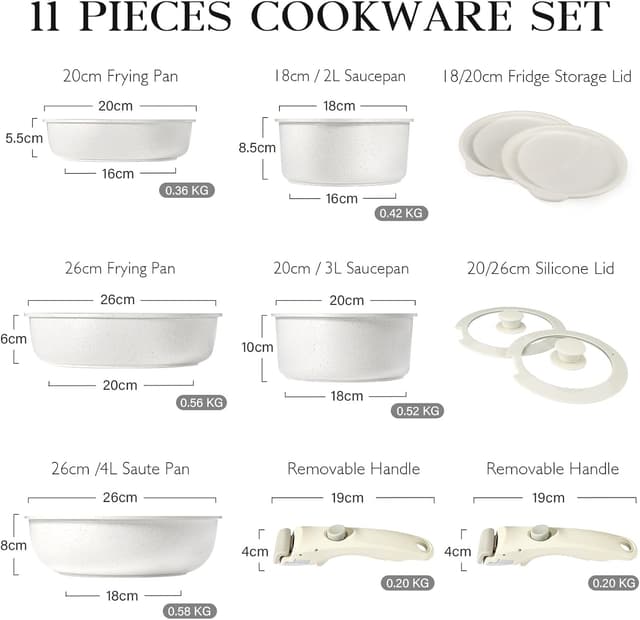 Detalle 2 de GiPP 11-piece Non Stick Pots and Pans Set with Detachable Handle (White Granite, PFOA-free)