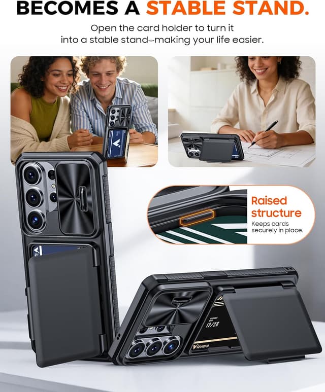 Detalle de Vizvera Galaxy S26 Ultra Case with Sliding Camera Cover, Card Wallet & RFID Protection (Black)