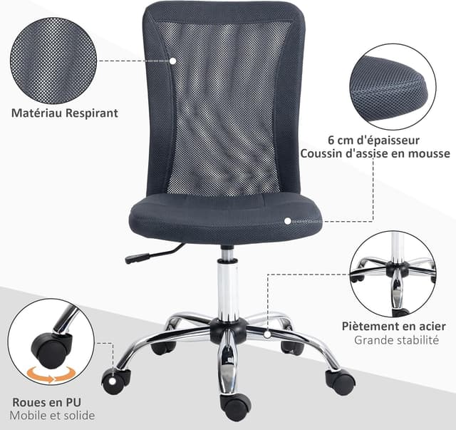 Detalle 2 de Vinsetto Chaise de bureau ergonomique grise foncée, assise réglable et pivot 360° sur piètement chromé