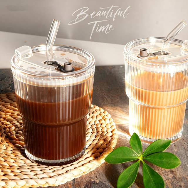 Detalle de YupURStyle 13oz ribbed glass tumbler set (4 pack) with straw and leakproof lid, insulated-style travel cup for iced drinks