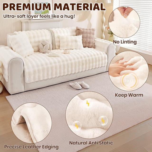 Detalle 2 de Royhom housse de canapé épaisse en fausse fourrure (crème) antidérapante – 90 x 180 cm