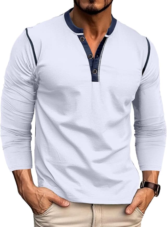 Detalle de Rodawu Henley-Shirt Herren Langarmshirt mit V-Ausschnitt und Brusttasche