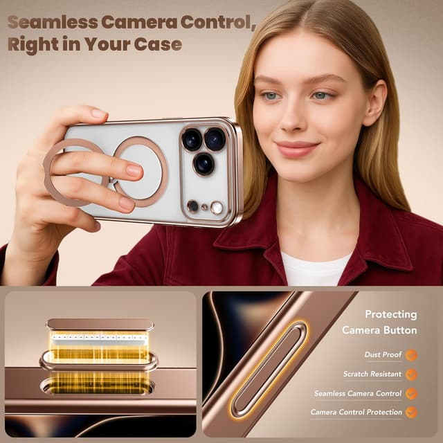 Detalle de GolbinBox iPhone 17 Pro Max Case with 360° Spin Magnetic Stand, MagSafe Compatible (Rose Gold/Clear)