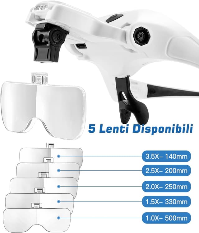 Detalle 2 de Anpro Occhiali con ingrandimento USB ricaricabile e 4 LED regolabili, lente con 5 lenti staccabili (1X–3.5X)