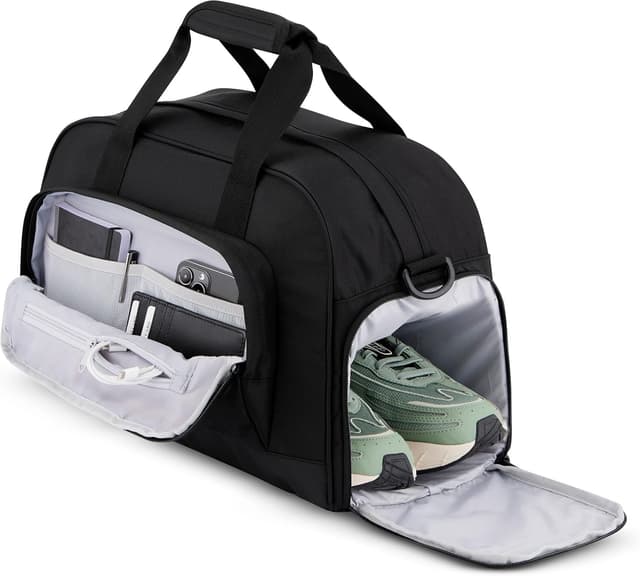 Detalle de LARKSON Weekender Finja Medium (Schwarz) – stylische Reisetasche mit Schuhfach, Laptopfach bis 15 Zoll und 26 l Volumen