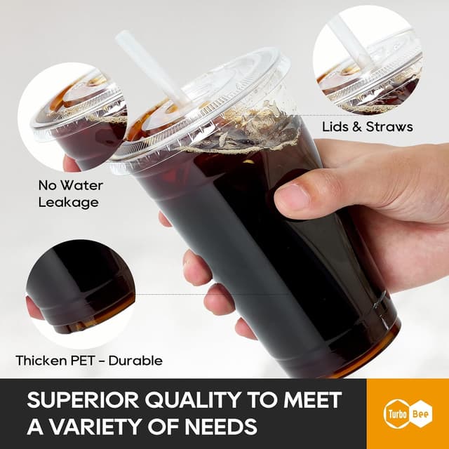 Detalle de Turbo Bee 200 Sets 24 oz Clear Plastic Cups with Lids and Straws (Disposable To-Go Iced Coffee Cups)