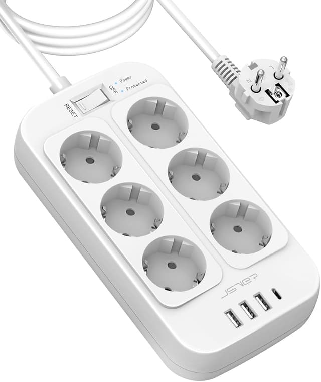 Detalle de JSVER 3M Steckdosenleiste mit Überspannungsschutz (6 Fach) und 4 USB-Anschlüssen, Wandmontage, 3680 W / 16 A – Weiß