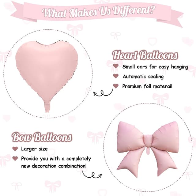 Detalle de FunHot Pink White Heart Balloons & Cream Bow Foil Set (10 Pieces) for Birthdays, Valentine’s, and Weddings