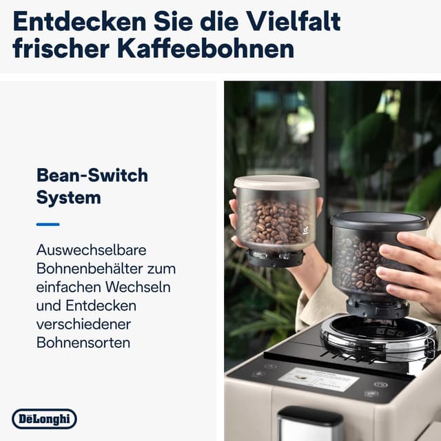 Detalle de De’Longhi Rivelia – Perfetto Kaffeevollautomat mit Milchaufschäumer, 8 One-Touch-Getränken & wechselbaren Bohnenbehältern (beige)