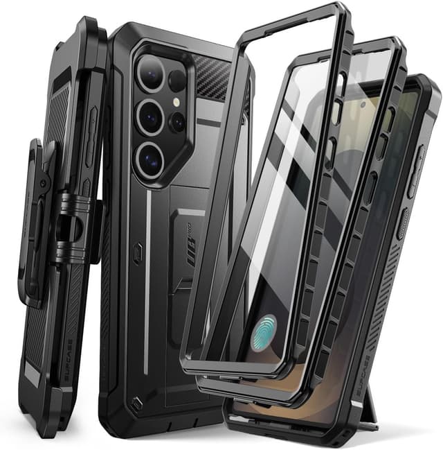 Detalle de SUPCASE for Samsung Galaxy S25 Ultra Case with Stand (Unicorn Beetle Pro) — built-in screen protector, kickstand & rotating belt-clip, Black