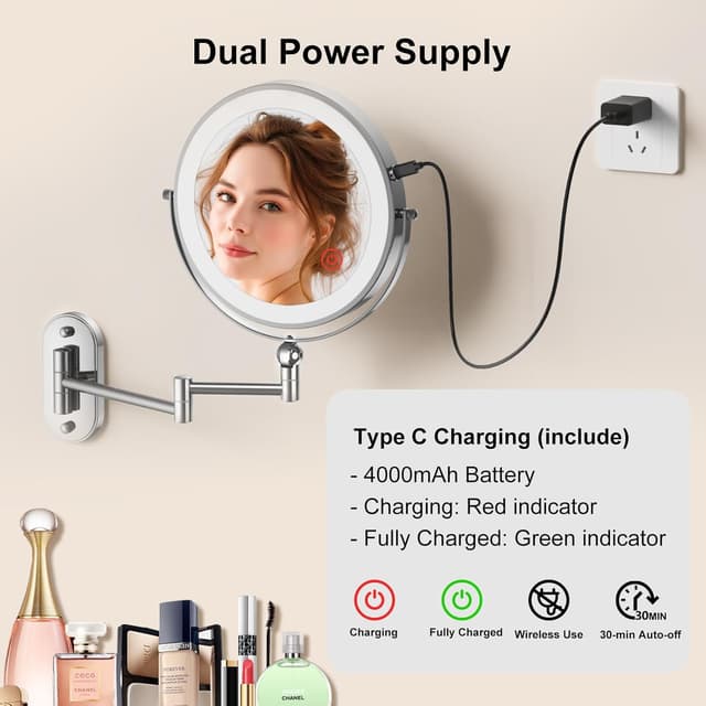 Detalle 2 de 9" Wall Mounted Lighted Makeup Mirror 4000mAh