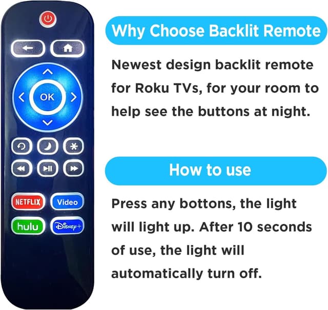 Thumbnail 3 de Backlit Replacement Remote for Roku TVs (TCL, Hisense, Sharp, Philips, Onn, Element, Insignia, Westinghouse) — NOT for Roku Stick/Box