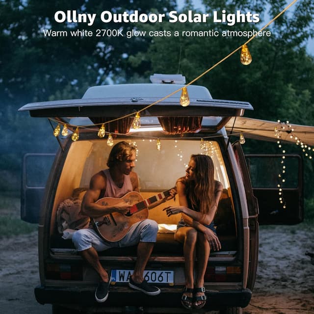 Detalle 2 de Ollny Solar Hemp Rope Festoon Lights (10m) with Remote, 24 Shatterproof S17 Bulbs, 240 LEDs, 8 Modes