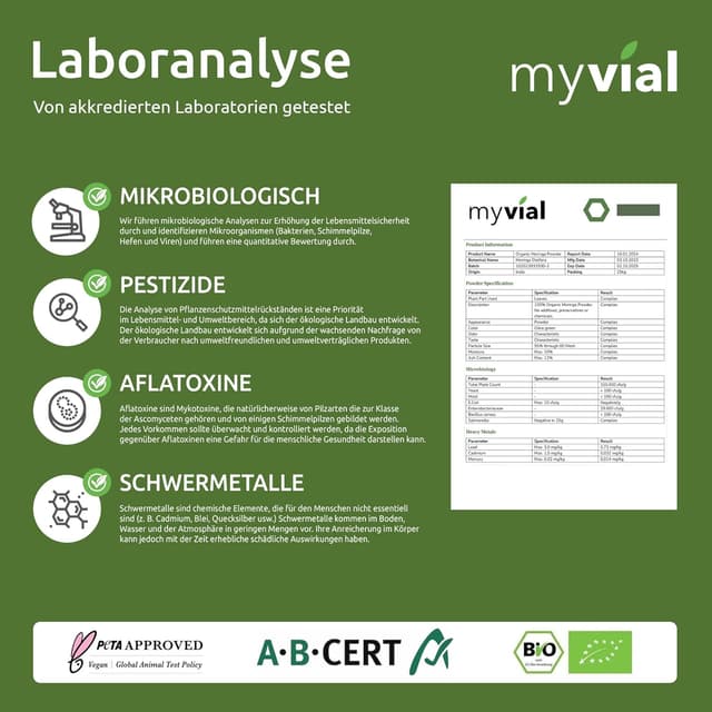 Detalle de Bio Moringa Pulver 250 g – Premium Blattpulver aus Moringa oleifera (roh verarbeitet), vegan, plastikfrei