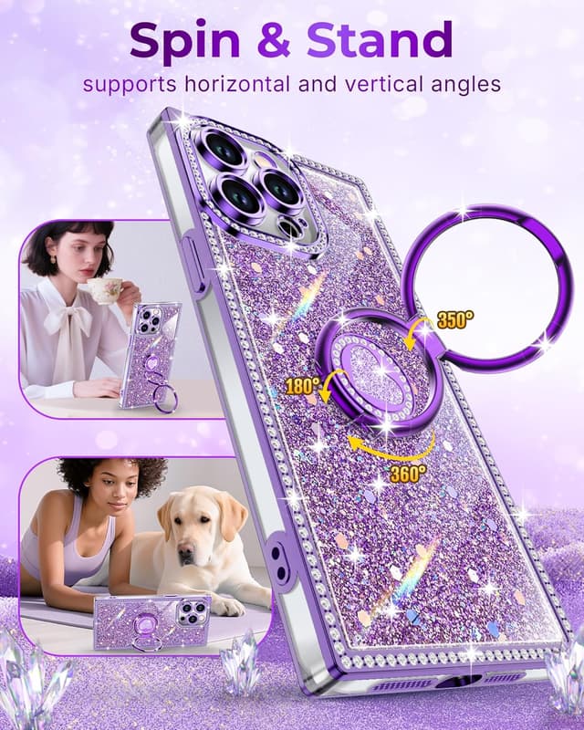 Detalle 2 de XYZ Glitter Bling Case for iPhone 15 Pro Max (Purple) with Heart Stand & Lanyard