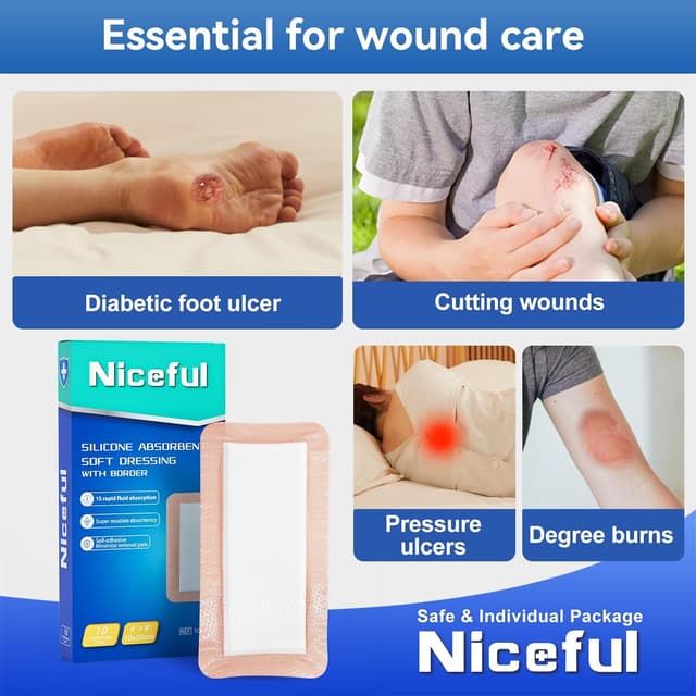 Detalle de Niceful Silicone Super Absorbent Wound Dressing (4"×8") with Adhesive Borders